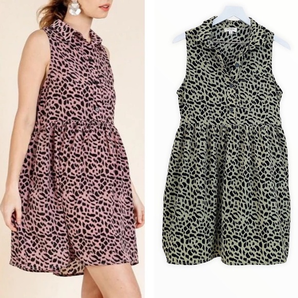 Umgee Dresses & Skirts - Umgee Green & Black‎ Printed Partial Button Down Shirt Dress Size Small